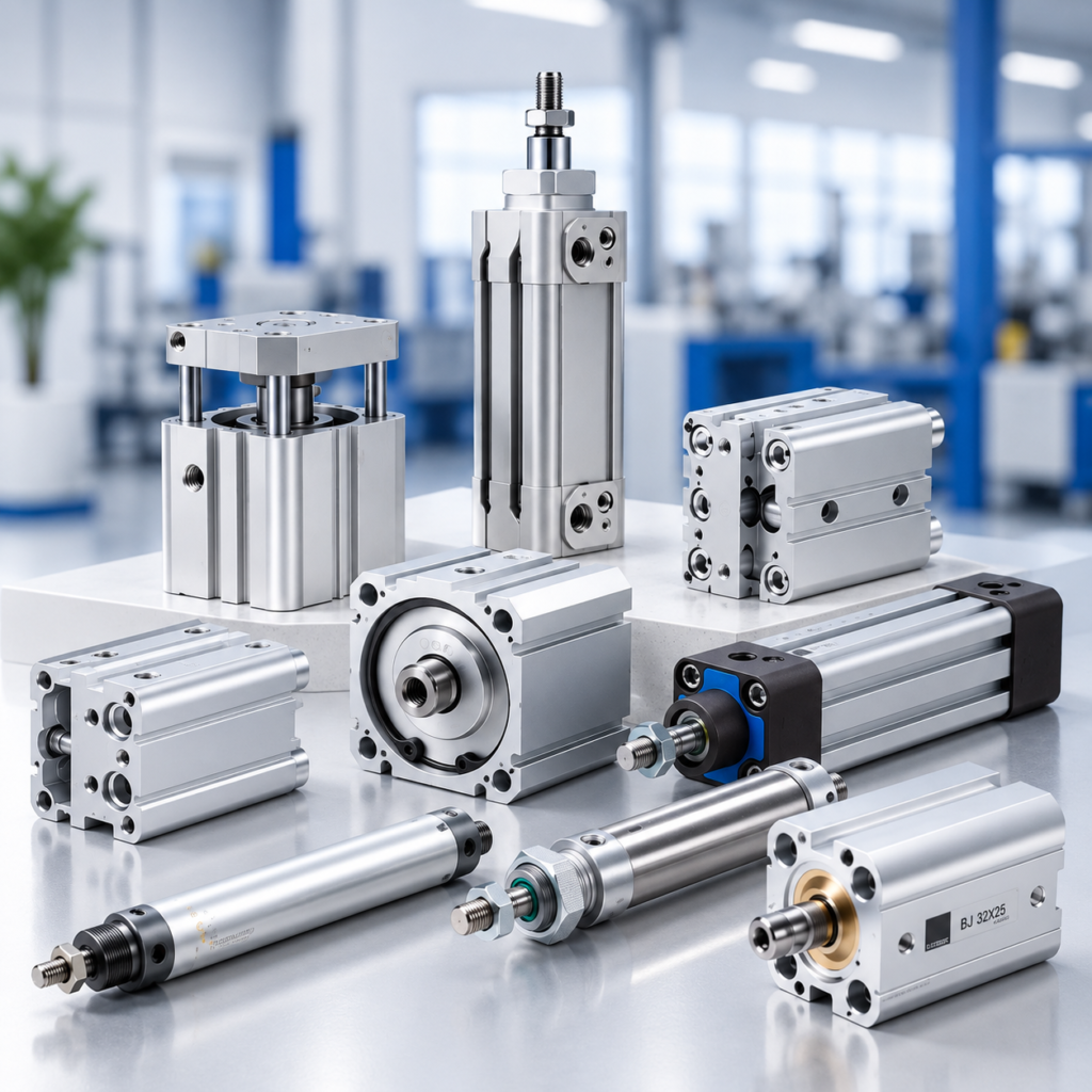 Assortment of high-quality pneumatic cylinders and actuators showcasing industrial automation components.